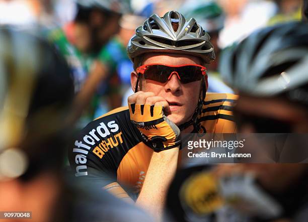 Ed Clancy of Great Britain and Team Halfords Bikehut waits for the start of stage eight of the 2009 Tour of Britain, a criterium race around central...