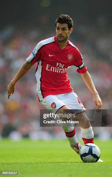 Cesc Fabregas of Arsenal in action during the Barclays Premier League match between Arsenal and Wigan Athletic at the Emirates Stadium on September...