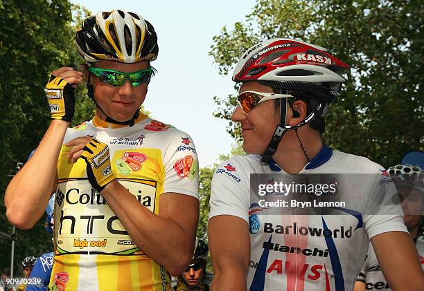 Tour of Britain overall winner Edvard Boasson Hagen of Norway and Team Columbia-HTC chats to Geraint Thomas of Great Britain and Barloworld at the...