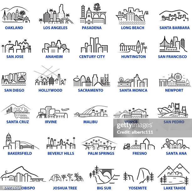 ilustraciones, imágenes clip art, dibujos animados e iconos de stock de estilo grueso de ilustraciones de ciudad de california - beverly hills california