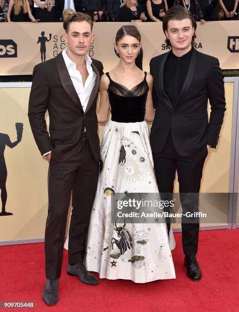 Actors Dacre Montgomery, Natalia Dyer and Joe Keery attend the 24th Annual Screen Actors Guild Awards at The Shrine Auditorium on January 21, 2018 in...