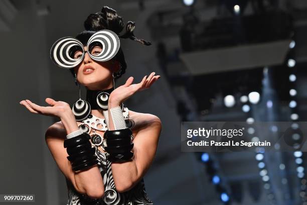 Model Anna Cleveland walks the runway during the Jean-Paul Gaultier Spring Summer 2018 show as part of Paris Fashion Week on January 24, 2018 in...