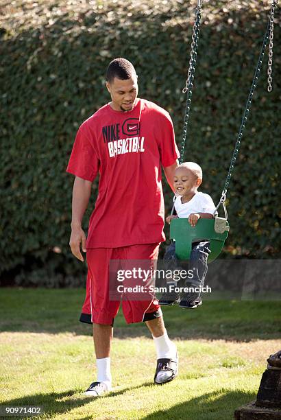 Brandon Roy of the Portland Trail Blazers plays with his son Brandon Jr. At Roy's home in Tualatin, Oregon September 17, 2009. NOTE TO USER: User...