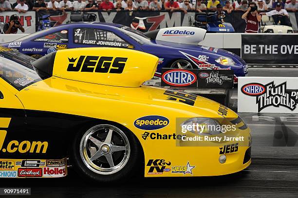 Pro Stock cars on the line during third round qualifying for the NHRA Carolinas Nationals on September 19, 2009 at Zmax Dragway in Concord, North...