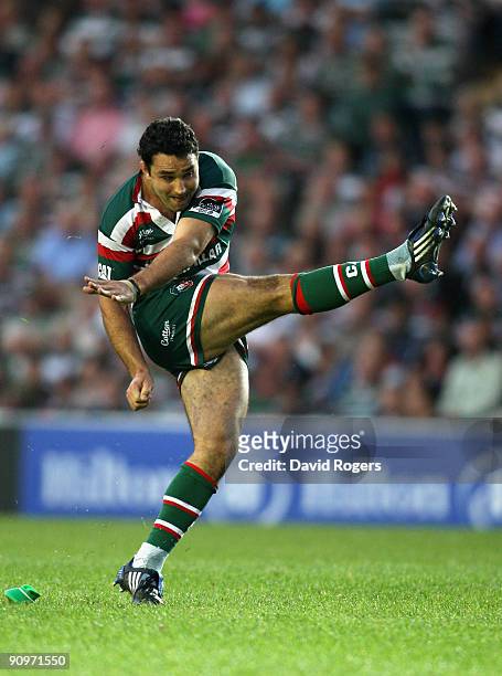 Jeremy Staunton of Leicester kicks a penalty during the Guinness Premiership match between Leicester Tigers and Newcastle Falcons at Welford Road on...