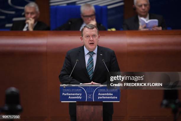 Prime Minister of Denmark Lars Lokke Rasmussen delivers a speech at the Parliamentary Assembly of the Council of Europe, in Strasbourg, eastern...