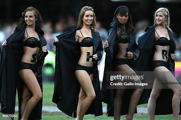 Sharks Flasher Girls pose during the Absa Currie Cup match between the Sharks and Free State Cheetahs at the Absa Stadium on September 19, 2009 in...