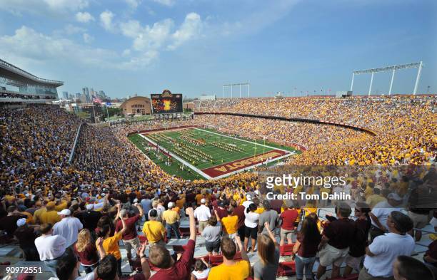 Sold out crowd fills TCF Bank Stadium as the Minnesota Golden Gophers play an NCAA football game against the California Golden Bears on September 19,...