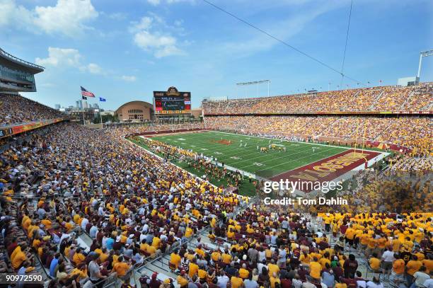 Sold out crowd fills TCF Bank Stadium as the Minnesota Golden Gophers play an NCAA football game against the California Golden Bears on September 19,...