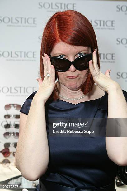 Actress Kate Flannery poses at the Solstice Sunglass Boutique/Safilo USA booth during the HBO Luxury Lounge in honor of the 61st Primetime Emmy...