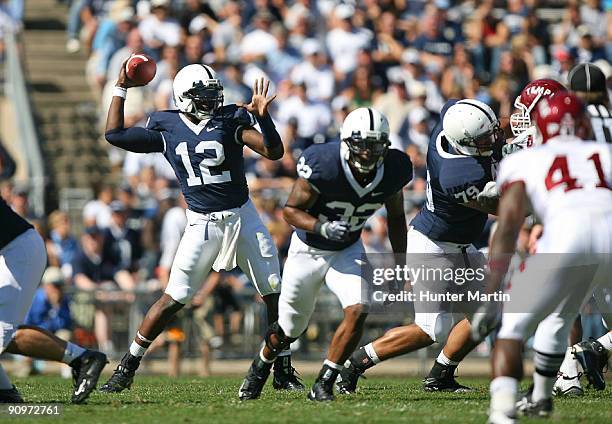 Quarterback Kevin Newsome of the Penn State Nittany Lions throws a pass during a game against the Temple Owls on September 19, 2009 at Beaver Stadium...