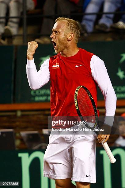 Tennis player Stefan Koubek celebrates scored point during the Davis Cup World Series 2009 at Rancagua Stadium on September 18, 2009 in Santiago,...