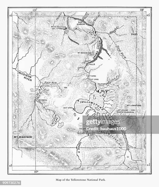 frühe antike landkarte von yellowstone-nationalpark, wyoming, montana und idaho, usa, amerikanische viktorianischen gravur, 1872 - yellowstone national park map stock-grafiken, -clipart, -cartoons und -symbole