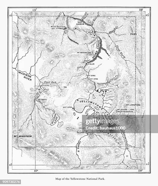 早期的古色古香的地圖黃石國家公園, 懷俄明, 蒙大拿和愛達荷, 美國, 美國維多利亞時代的雕刻, 1872 - 1870 幅插畫檔、美工圖案、卡通及圖標