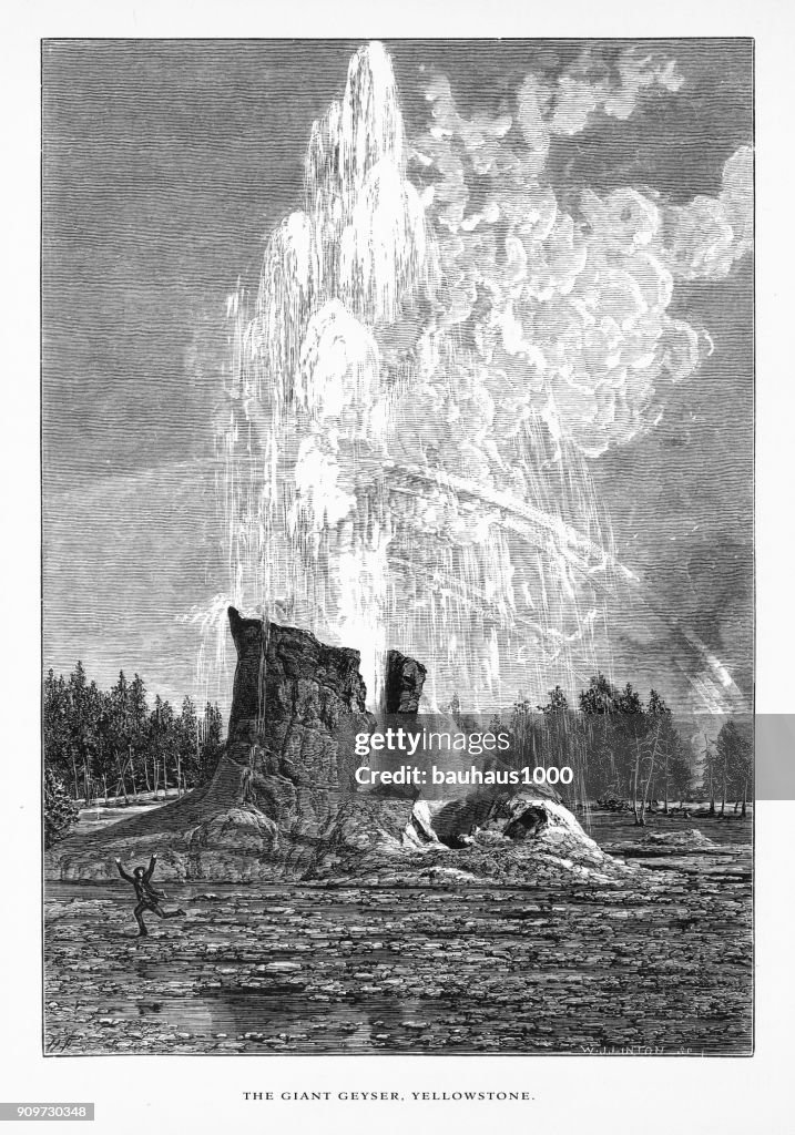 Giant Geyser, Old Faithful, Yellowstone Valley, Yellowstone National Park, Wyoming, Montana en Idaho, Verenigde Staten, Amerikaanse Victoriaanse gravure, 1872