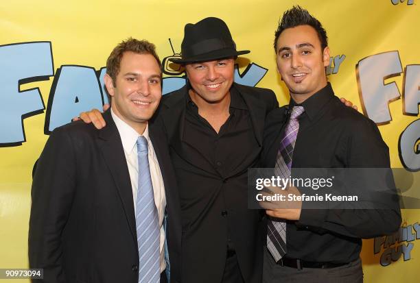 Brett Hyman of Night Vision Entertainment, Seth MacFarlane of Family Guy and Tomik of Night Vision Entertainment attend Family Guy's Pre-Emmy...