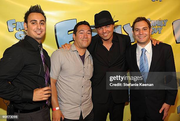 Tomik, Paul Palacios,Seth MacFarlane of Family Guy and Brett Hyman of Night Vision Entertainment attend Family Guy's Pre-Emmy Celebration at Avalon...