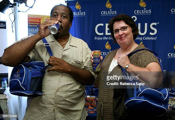 Actor Leslie David Baker and actress Phyllis Smith pose at the Celsius booth during the HBO Luxury Lounge in honor of the 61st Primetime Emmy Awards...