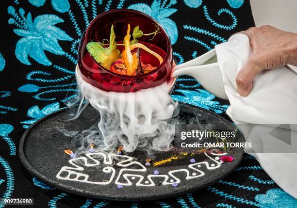 Dish called Vampire Ceviche" made with Sangrita -non alcoholic beverage of tomato, lime and orange juice, seasoned with chili pepper, Worcestershire...