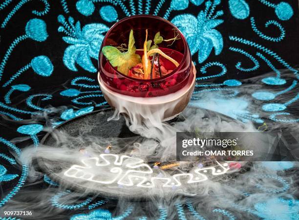 Dish called Vampire Ceviche" made with Sangrita -non alcoholic beverage of tomato, lime and orange juice, seasoned with chili pepper, Worcestershire...