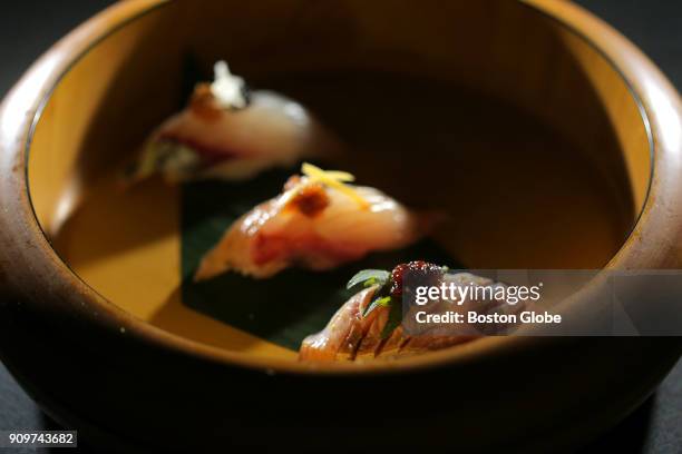 Shima aji, kanpachi, buri nigiri are pictured at Cafe Sushi near Harvard Square in Cambridge, MA on Jan. 16, 2018. Omakase, or chefs choice, is...