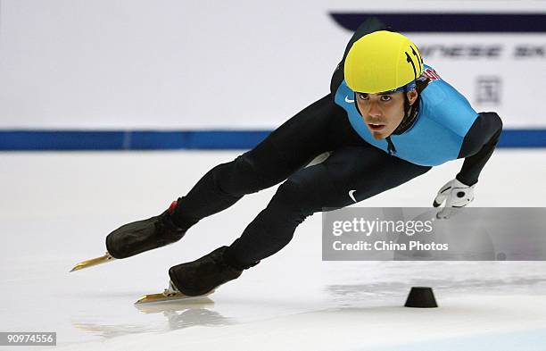 Apolo Anton Ohno of the U.S. Competes in the men's 1500-metres final of the 2009 ISU World Cup Short Track Speed Skating Championships on September...