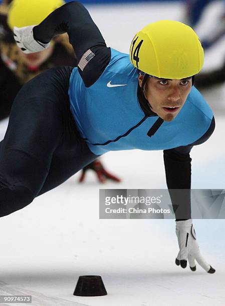 Apolo Anton Ohno of the U.S. Competes in the men's 1500-metres final of the 2009 ISU World Cup Short Track Speed Skating Championships on September...