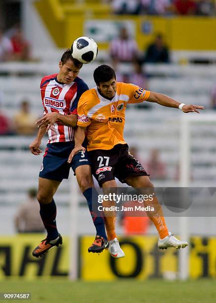 Aaron Galindo of Chivas and Ezequiel Orozco of Jaguares during their match in the 2009 Opening tournament, the closing stage of the Mexican Football...