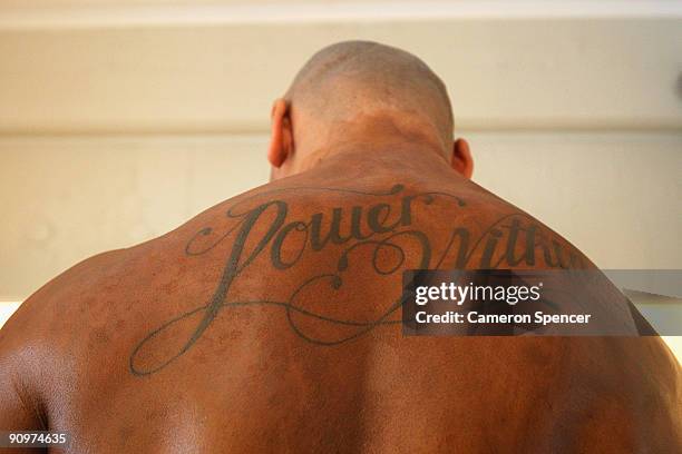 Former All Black international rugby player Jonah Lomu focuses backstage for his competitive debut in the over-90kg novice category at the Wellington...