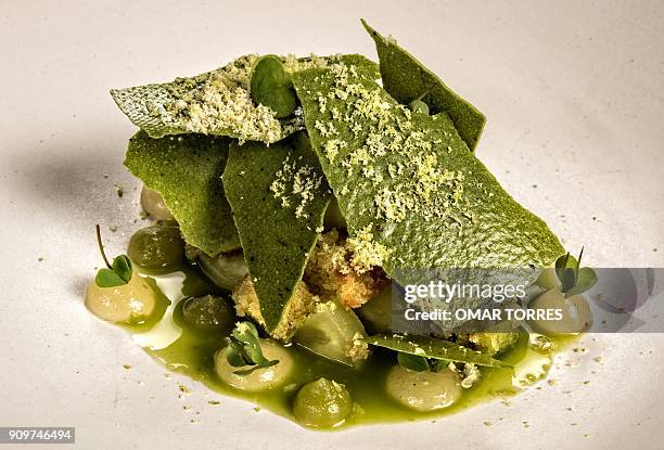 Sponge cake with avocado oil, macadamia nuts, cold tomato soup, broken pineapple cream, avocado sorbet and matcha tea tiles cooked in oven, is served...