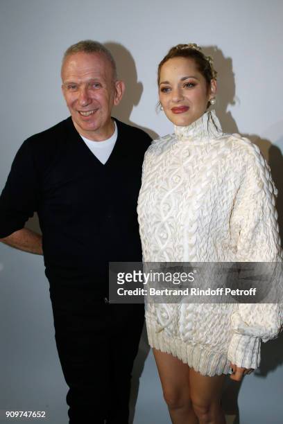 Stylist Jean-Paul Gaultier and Marion Cotillard pose after the Jean-Paul Gaultier Haute Couture Spring Summer 2018 show as part of Paris Fashion Week...
