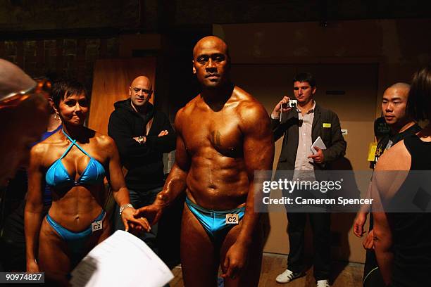 Former All Black international rugby player Jonah Lomu and his partner Tracy Toulis wait backstage for his debut performance in the pairs compulsory...