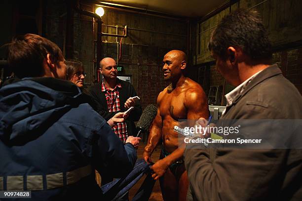 Former All Black international rugby player Jonah Lomu is interviewed by media following his competitive debut at the Wellington Bodybuilding...