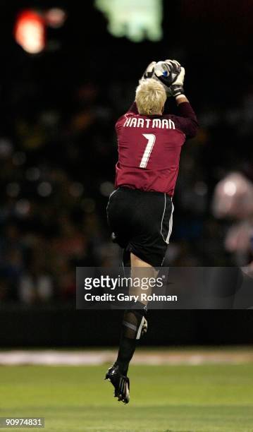 Kevin Hartman of the Kansas City Wizards blocks a kick in the first half of their MLS match against FC Dallas in at Community America Ballpark on...