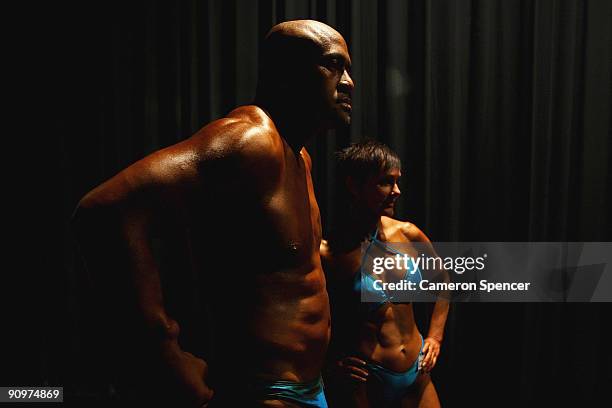Former All Black international rugby player Jonah Lomu and his partner Tracy Toulis wait backstage for his debut performance in the pairs compulsory...
