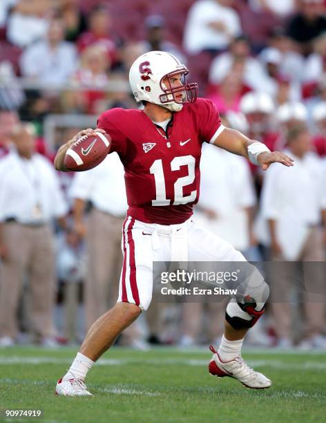 Andrew Luck of the Stanford Cardinal passes the ball during their game against the San Jose State Spartans at Stanford Stadium on September 19, 2009...