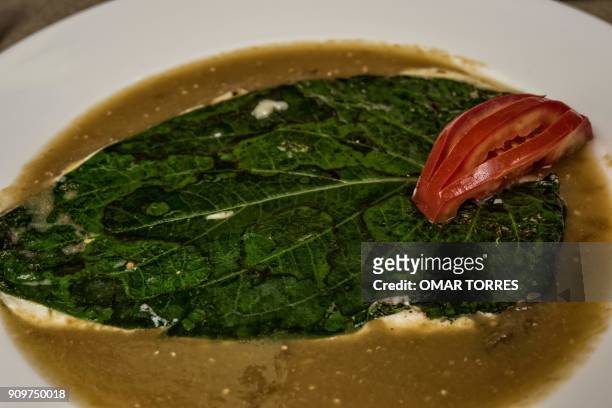 Dish of "Hoja Santa" served with green tomato and chili sauce, created by chef Alejandro Pinon, is pictured at "Los Danzantes" restaurant, in Mexico...
