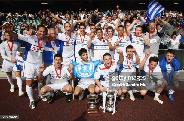 Wellington Olympic celebrate their win after the Chatham Cup final match between Three Kings United and Olympic at North Harbour Stadium on September...