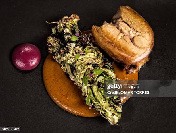 Dish called "Lechon Confitado" with "Xanducata" and purple carrot, is pictured at Mexican chef Fernando Martinez's restaurant "Seneri" -which...