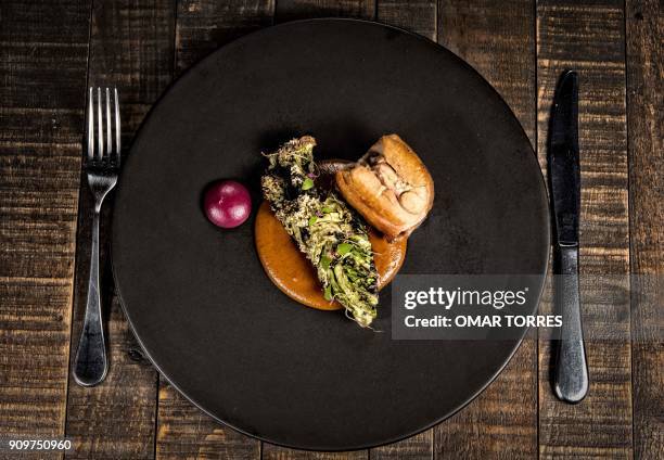 Dish called "Lechon Confitado" with "Xanducata" and purple carrot, is pictured at Mexican chef Fernando Martinez's restaurant "Seneri" -which...