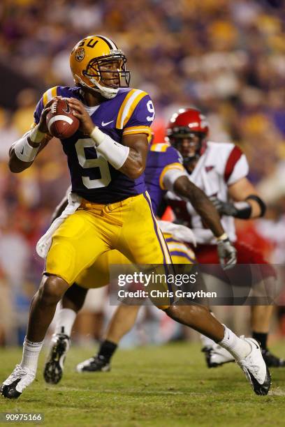 Quarterback Jordan Jefferson of the Louisiana State University Tigers looks to throw a pass against the University of Louisiana-Lafatette Ragin'...