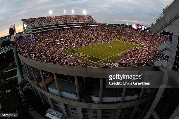Fans watch during the game between the Louisiana State University Tigers and the University of Louisiana-Lafatette Ragin' Cajuns at Tiger Stadium on...