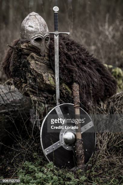 viking geräte in einen winterwald - viking helmet stock-fotos und bilder