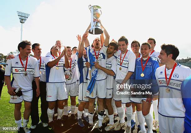 Wellington Olympic celebrate their win after the Chatham Cup final match between Three Kings United and Olympic at North Harbour Stadium on September...