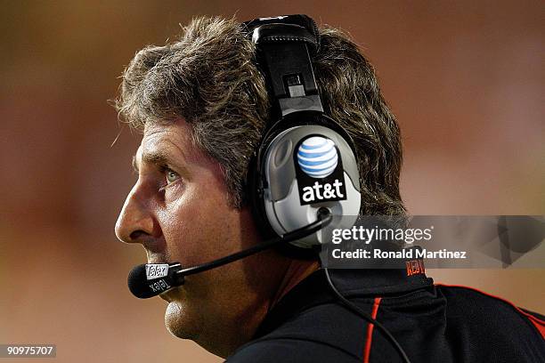 Head coach Mike Leach of the Texas Tech Red Raiders during play against the Texas Longhorns at Darrell K Royal-Texas Memorial Stadium on September...