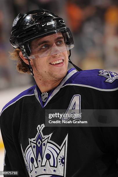 Anze Kopitar of the Los Angeles Kings skates on the ice during warmups prior to the NHL pre-season game against the Anaheim Ducks on September 19,...