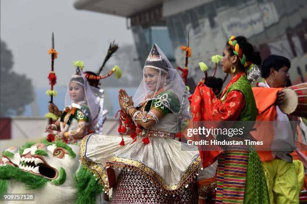 Artists perform to welcome Cambodian Prime Minister Hun Sen upon his arrival for the Association of Southeast Asian Nations summit, at AFS Palam on...