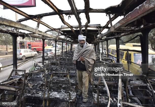 Ranvir Singh bus conductor of Haryana Roadways bus which was set on fire today near village Bhondsi in Gurgaon allegedly by activists of Karni Sena,...