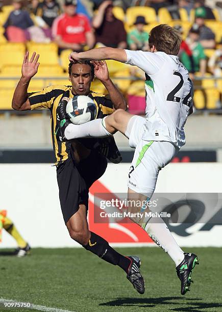 Paul Ifill of the Phoenix is tackled by Karl Dodd of the Fury during the round seven A-League match between the Wellington Phoneix and North...