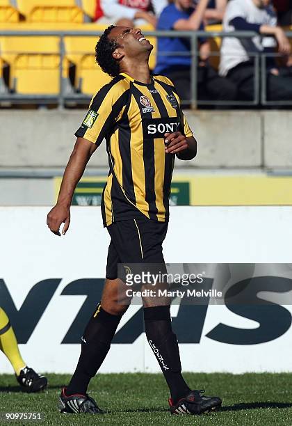 Paul Ifill of the Phoenix stands dejected after a missed goal during the round seven A-League match between the Wellington Phoneix and North...